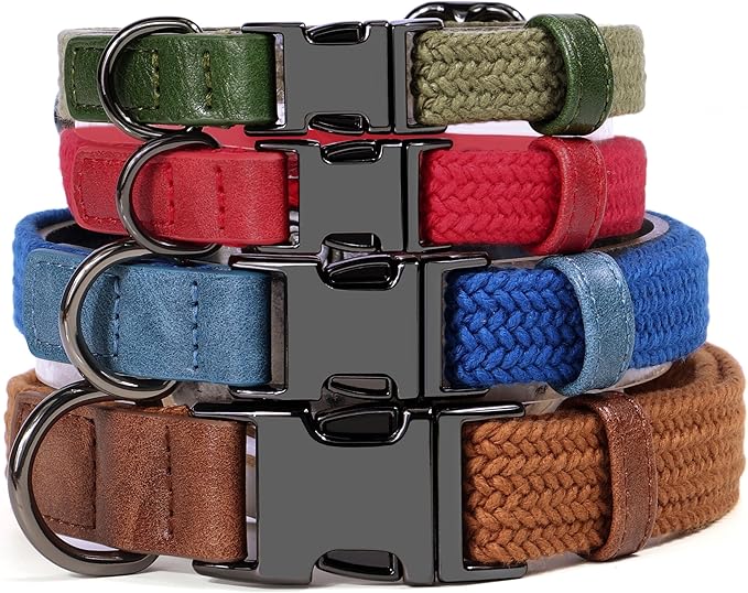 PET ARTIST Soft Cotton Dog Collar for Small Dogs in Tranquil Blue, Simple Dog Collar with Quick Release Metal Buckle & D Ring, S Size (10-16")
