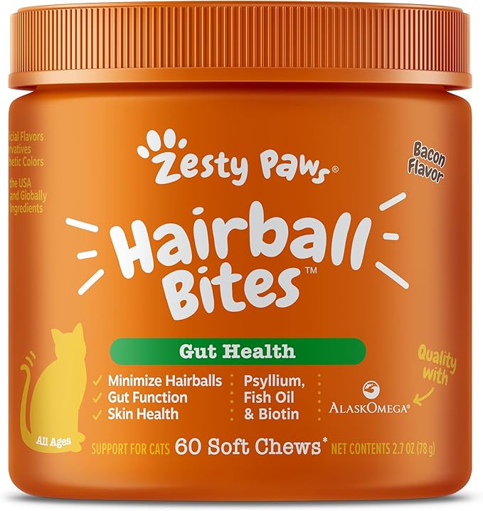 Zesty Paws Hairball Bites for Cats - Cat Furball Support - Functional Supplement with Omega 3 Fish Oil EPA & DHA + Zinc, Biotin & Psyllium Husk - Supports Gut & Skin Health - 60 Count