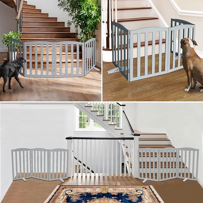 ZJSF Foldable Freestanding Indoor Dog Gate for House Wood Long Pet Gates Dog Fence for Stairs Puppy Gates for Hallways, Puppy Gate,Support Feet Included, Grey, 32 "Height-4 Panels