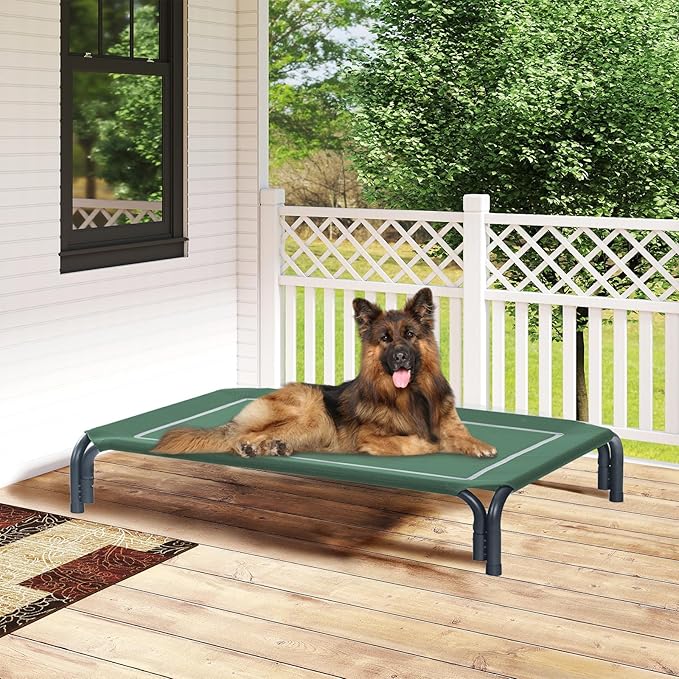 Elevated Dog Bed Raised Outdoor Dog Cot for Large Dogs, Installation Requires No Tools, Frame with Washable Cooling Breathable Mesh Anti-Slip Feet, Indoor Pet Bed, Green, 43.3 Inches