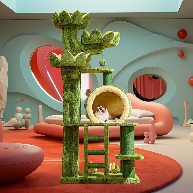 80.3'' Modern Cat Tree, Tall Cat Tower for Indoor Cats Adults, Luxury Climb Tower with Scratching Post, Heavy Duty Cat Condo with Ladder, Toys, Double Sided Mat, Lotus Perch for Multi-Cat Families