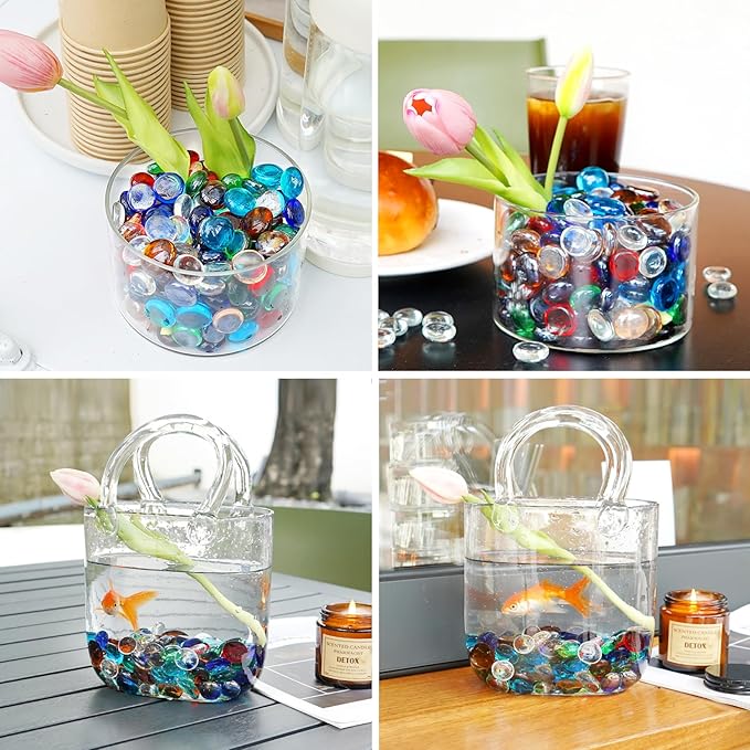 2LB Mixed Color Flat Glass Marbles for Vases, Mancala Stones Gemstone Beads Vase Filler Decorative Glass Pebbles for Fish Tank, DIY Crafts, Mosaics, Aquarium Decor Rocks, Candle Holders