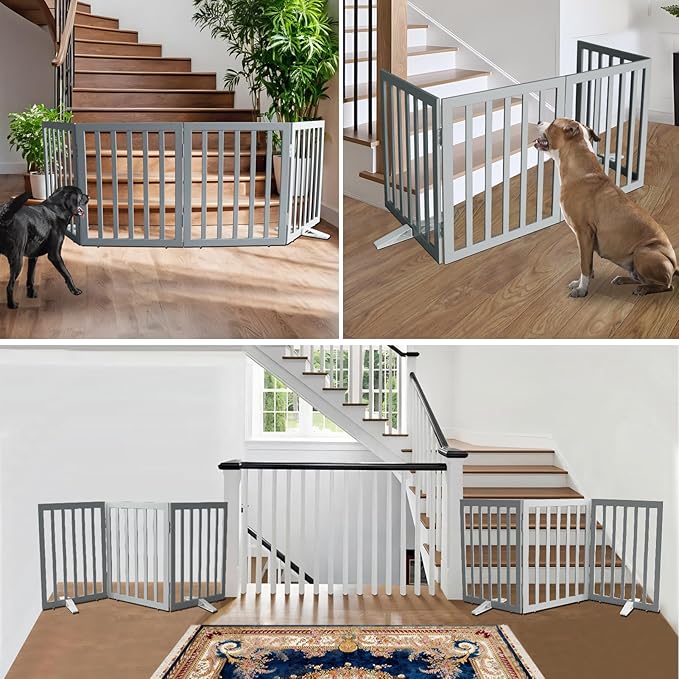 ZJSF Freestanding Indoor Dog Gate for House Foldable Wood Puppy Gate for Doorways Pet Gate for Stairs Extra Wide Pet Fence, Grey, 32" Height 4 Panels