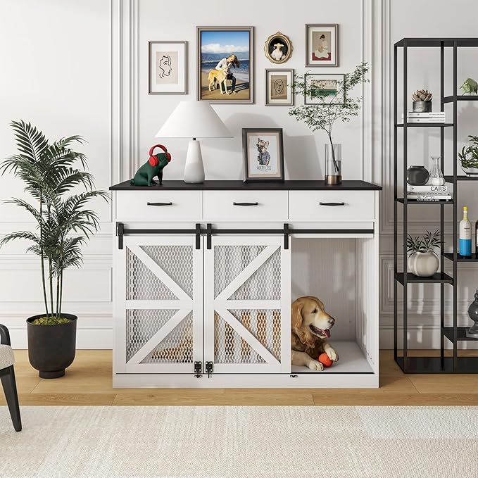 48'' Dog Crate Furniture with Divider&Storage Drawers, Wooden Double Dog Kennel Furniture End Table with Sliding Barn Doors, White Double Dog Crate TV Stand