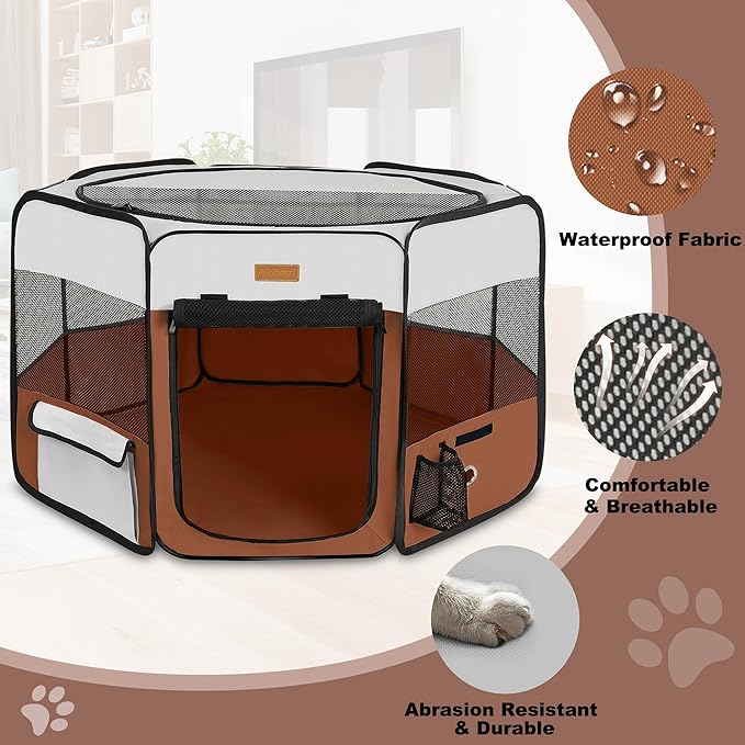 Dog Playpen, Portable Pet Play Pen for Cat, Puppies, Rabbits, Chickens, Foldable Large-Capacity Pet Tent for Indoor/Outdoor Travel Camping Brown