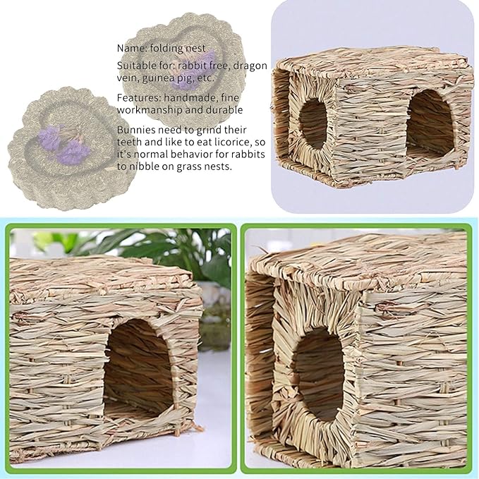 kathson 2 Pcs Large Rabbit Grass House Natural Foldable Hand Woven Seagrass Bed Carrot Hay Toy Hut Safe Comfortable Playhouse with Bunny Chew Toys for Bunny Hamster Guinea Pig Chinchilla Ferret