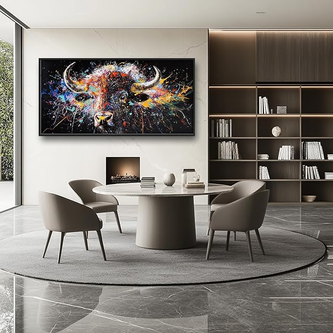Framed Large Bison Buffalo Wall Art for Living Room, Oversized Graffiti Yak Cow Wall Decor Banksy Bull Canvas Painting Animal Pictures Modern Artwork for Living Room Bedroom Office 60"x30"