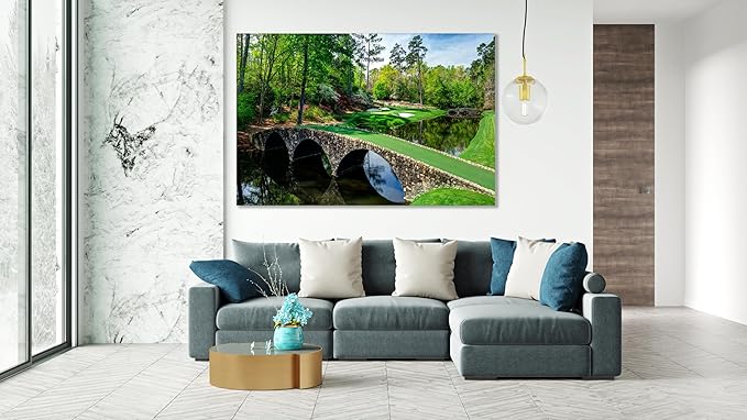 Nature Wall Art Prints - Ocean Forest Mountain Lake Canvas Landscapes - Small to Extra Large Living Room Bedroom Kitchen Bathroom Décor (Golf Course with Stone Bridge, 16L" x 24W")