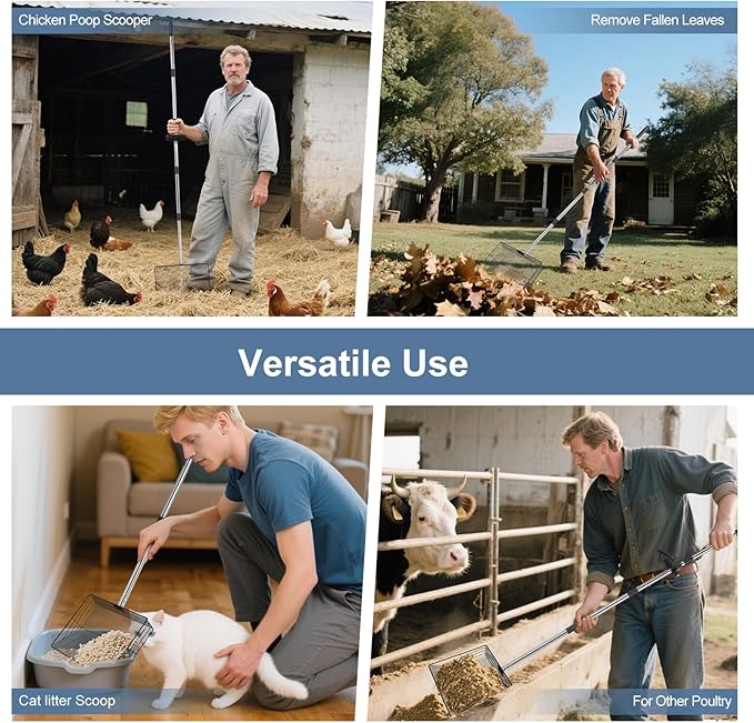 15inch Large Chicken Poop Scooper with Ergonomic Grip, 5 in 1 Adjustable Chicken Coop Pooper Shovel (24 to 76.5"), Stainless Steel Litter Sifting Shovel Scoop for Chicken Coop/Goat Stall/Stable