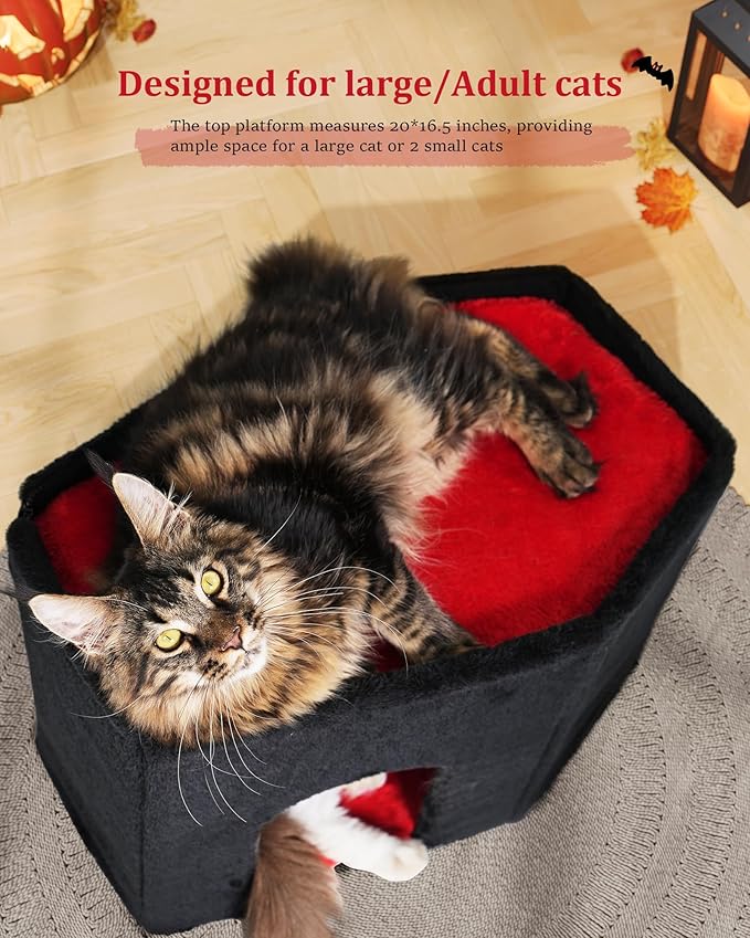 Gothic Cat Condo Cave for Indoor Cats, Spacious Indoor Coffin Cat House Bed,Large 20x13.5inch Bunk Perch, Stable Cubbie for Pets Rabbits, Halloween Red Black