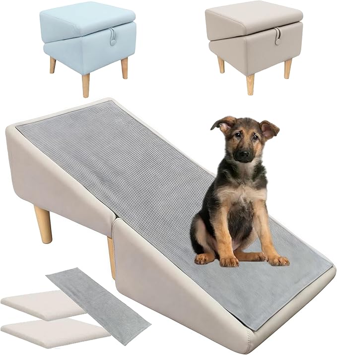 Split Ottoman Dog Ramp, Folding Pet Ramps Stairs for Couch, Pet Ramps Stairs for Small and Large Dogs, Holds up to 220 lbs (Beige - 2 Pads & 2 Covers, One Size)