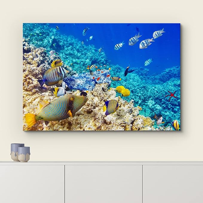 wall26 Canvas Print Wall Art Underwater Neon Blue Teal Ocean Water Fish Nature Animals Photography Realism Rustic Scenic Landscape Wilderness Earth for Living Room, Bedroom, Office - 32"x48"