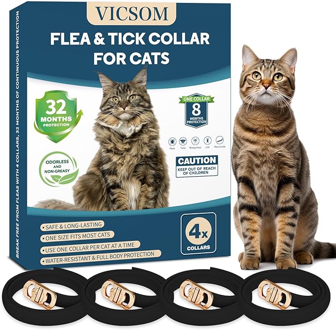 4 Pack Flea and Tick Collar for Cats, 32 Months Treatment, Waterproof Adjustable Kitten Flea Collar, Flea Prevention, Black