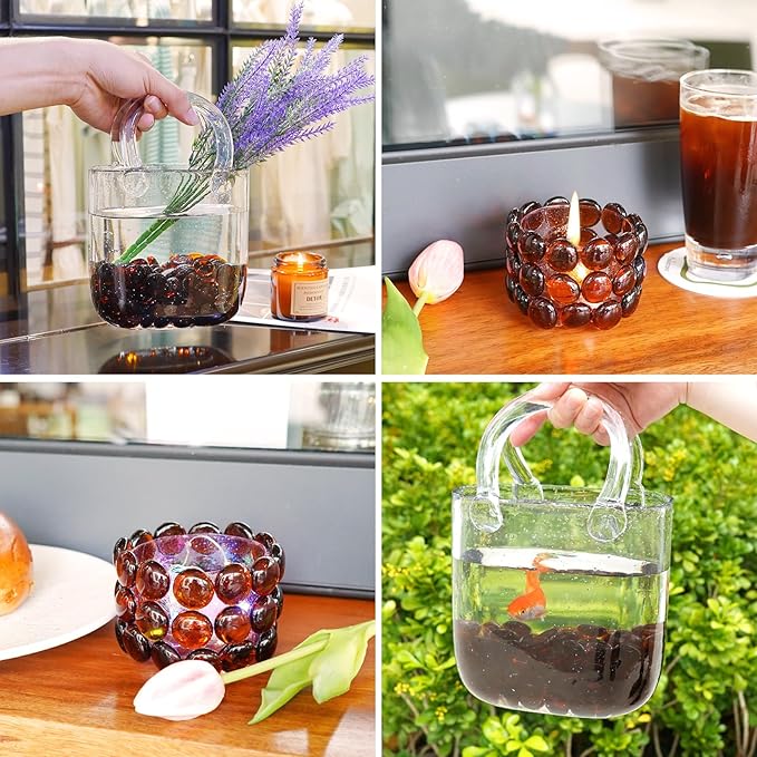 1LB Amber Flat Glass Marbles for Vases, Gemstone Beads Vase Filler Decorative Glass Pebbles for Fish Tank, DIY Crafts, Autumn Centerpieces, Aquarium Decor Rocks