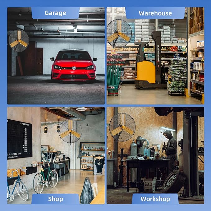 24 inch Oscillating High Velocity Wall Mount Fan, 7600 CFM Industrial Heavy Duty Metal Wall Fan, 3 Speeds, Adjustable Height and Tilt, Commercial Shop Fans for Garage, Workshop