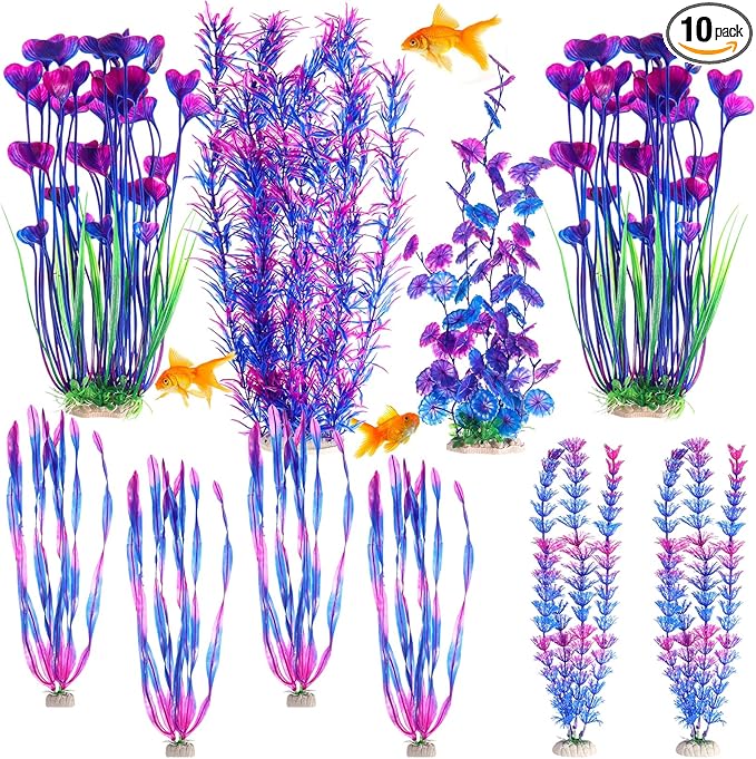 10 Pcs Large Aquarium Artificial Plants Decorations, Tall Plastic Fish Tank Plant Decorations for Household and Office Aquarium(Purple)
