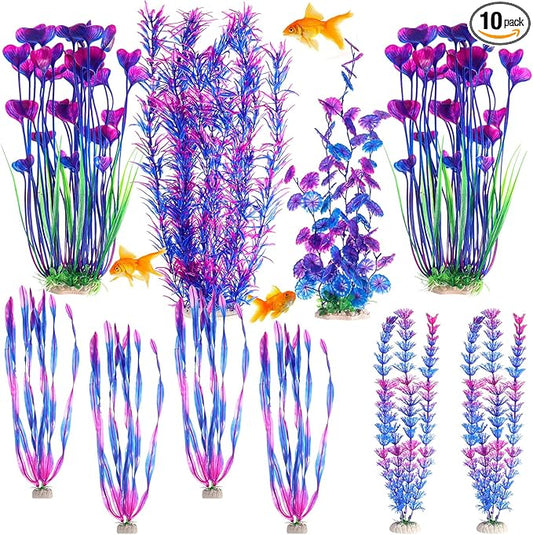 10 Pcs Large Aquarium Artificial Plants Decorations, Tall Plastic Fish Tank Plant Decorations for Household and Office Aquarium(Purple)