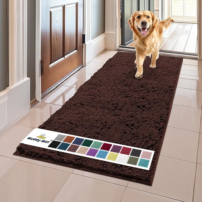 Muddy Mat® Shown on TV – Super Absorbent Microfiber Dog Door Mat for Muddy Paws, Non-Slip Washable Pet Rug, Quick Dry Chenille Entryway Carpet, Machine Washable Indoor Outdoor mat, Brown 59"x24"