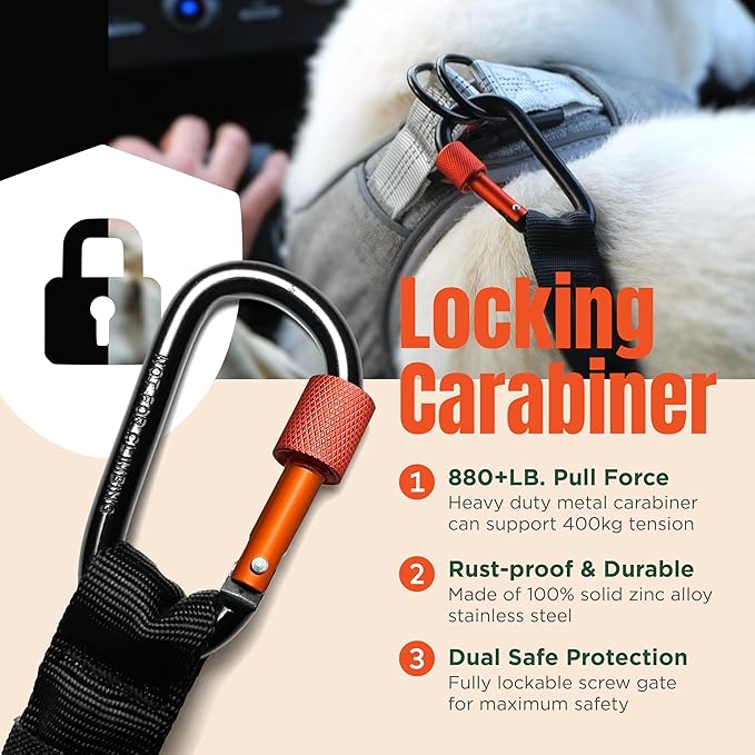 Dog Seat Belt for Car | Universal Dog Car Seatbelt | Durable Reflective Rope with Clip Hook Latch, Buckle and Alloy Carabiner- Safe and Secure Pet Safety Restraint