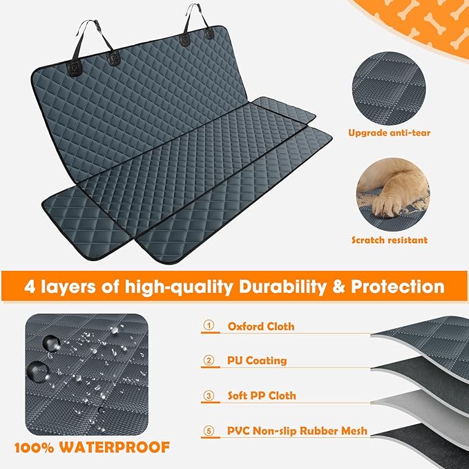 MIXJOY Dog Car Cover for Back Seat Cover Protector Waterproof Dog Seat Covers for Cars, Car Seat Protector for Dogs with 1 Dog Seat Belt, Nonslip Back Seat Cover for Kids, Trucks & SUV, Grey