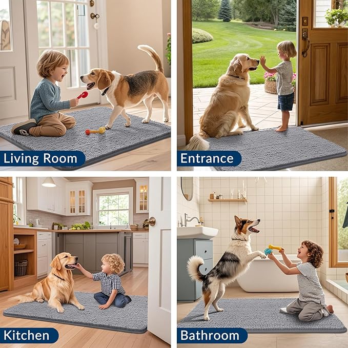 Smiry Dog Door Mat for Muddy Paws 59x24, Absorbs Moisture and Dirt Doormat, Non-Slip Washable Quick Dry Chenille Front Door Mat Indoor Entrance, Entryway Carpet for Inside Floor, Grey