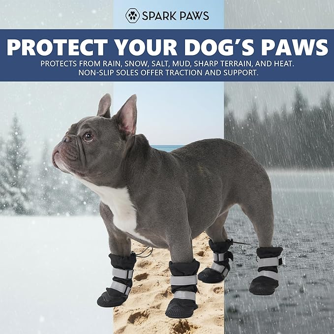 Spark Paws Dog Shoes, Waterproof Dog Boots for Medium to Large Dogs, Non Slip, Breathable Dog Booties and Paw Protectors - 4PCS Doggie Hiking Boots with Reflective Straps - Black - Size 4