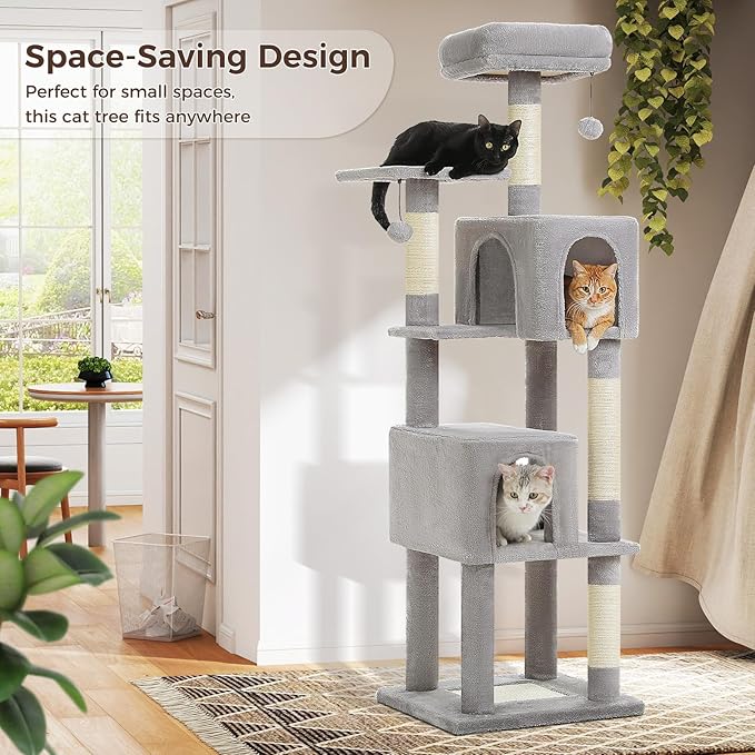 62-Inch Cat Tree for Indoor Cats, Large Cat Tower with Scratching Posts for Large Cats, 2 Bigger Plush Condos, Padded Platform, Soft Cat Bed and Scratching Pad, 2 Pompoms, Gray