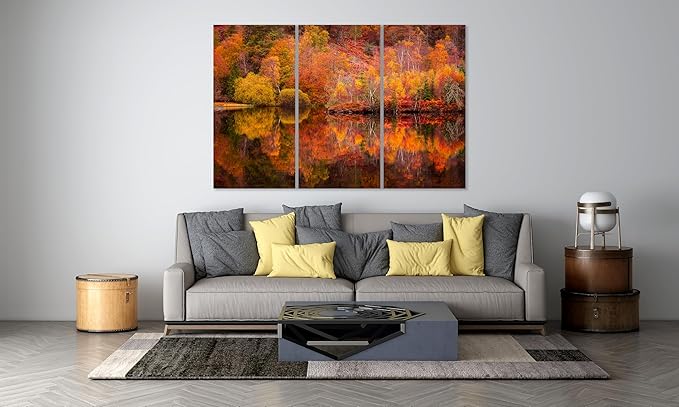Nature Wall Art Prints - Ocean Forest Mountain Lake Canvas Landscapes - Small to Extra Large Living Room Bedroom Kitchen Bathroom Décor (Autumn Forest with Lake, 47L" x 71W" - 3 panels)
