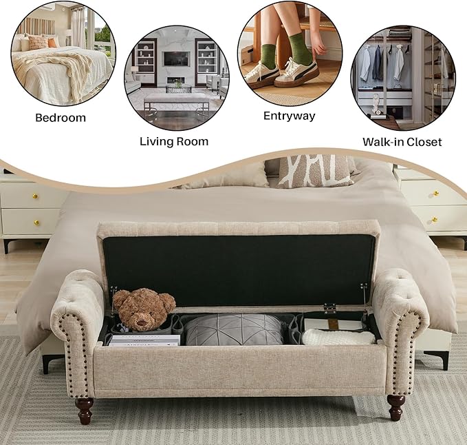 58.1'' Storage Bench Upholstered Chenille End of Bedroom Bed Bench Ottoman with Tufted Cushioned Rolled Arm Large Storage Space for Reading Living Room Entryway, Light Brown