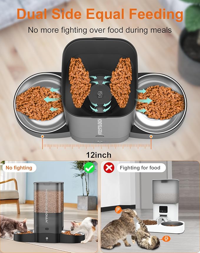 HoneyGuaridan 5L Automatic Cat Feeder for Two Cats, 5G WiFi Smart Feed Pet Feeder with Stainless Steel Bowl,APP Control Dispenser, Dual Power Supply,Desiccant Bag,10s Meal Call Black
