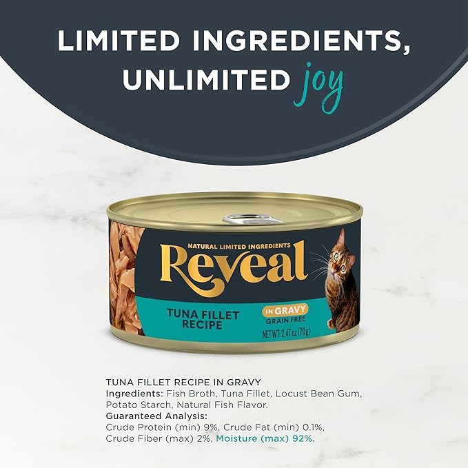 Reveal Natural Wet Cat Food, 24 Pack, Limited Ingredient, Grain Free Food for Cats, Tuna in Gravy, 2.47oz Cans