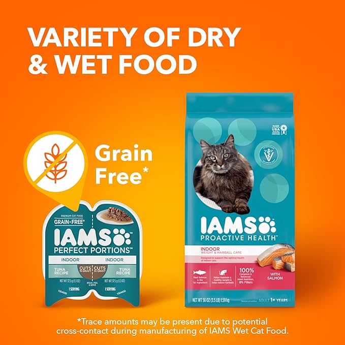 IAMS Perfect Portions Indoor Adult Wet Cat Food Cuts in Gravy Variety Pack, Salmon and Tuna Recipes, 2.6 oz. Easy Peel Twin-Pack Trays (12 Count, 24 Servings)