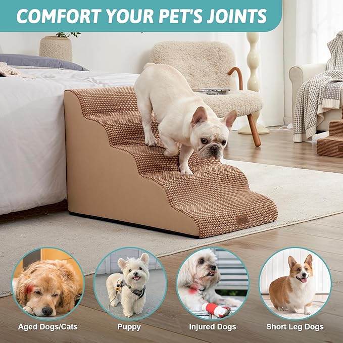 Extra Wide Dog Stairs 19.7" Width, Large Pet Step for Small Medium Dog, Puppy or Cat, Ramp for High Bed or Car, High Density Foam Ladder, Stable, 5 Step, 19.7x33x22.4 inch, Light Brown