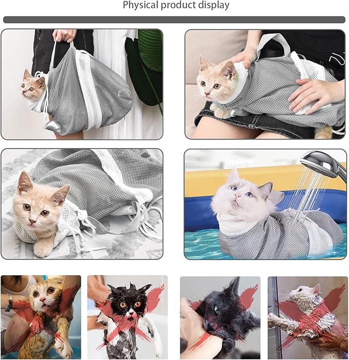 Adjustable Multifunctional Anti-Bite Shower net Bag，Cat Grooming Mesh Bag, Cat Bathing Bag，Cat Bath Brush and Cat Nail Clipper