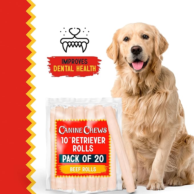 Canine Chews 10" Dog Rawhide Retriever Rolls - Bones for Large Dogs (20 Pack) - 100% USA-Sourced Natural Beef - Single Ingredient - Healthy Dental Chew