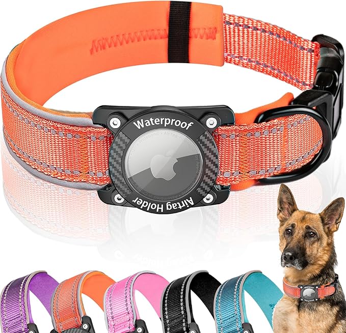 Upgraded AirTag Dog Collar, IP68 Waterproof Dog Collar with Apple Air Tag Holder, Reflective Adjustable Heavy Duty Dog Collars with Soft Padded for Small, Medium and Large Dogs,Orange, L