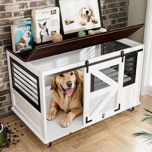 47 inch XL Dog Crate Furniture with Top-Access Teasing/Feeding Doors, Farmhouse Wooden Decorative Dog Crates with Wheels, Chew-Resistant Dog Crates End Table for Medium&Large Dogs, White