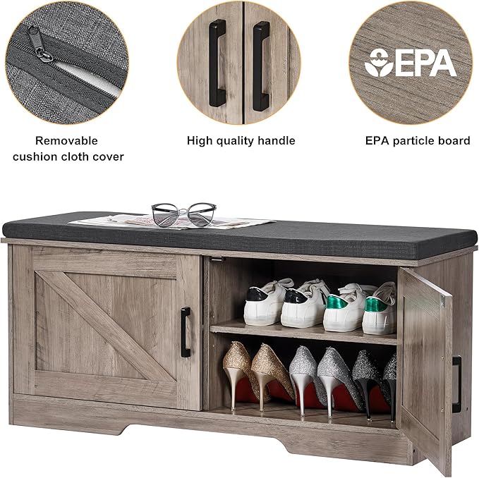 2-Tier Storage Bench, Shoe Bench with Padded Seat Cushion, Entryway Bench with 2 Barn Doors, Adjustable Shelf, 13.8" D x 39.4" W x 17.7" H, for Entryway, Living Room, Bedroom, Greige