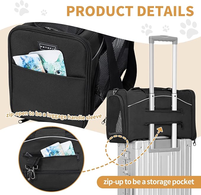 ‌Petsfit Airline Approved Pet Carrier for Small Dogs & Cats, 19x9x12 TSA Approved Carrier, with Removable Dual-Sided Padding (2-Way Placement) - Fits Under Most Airplane Seats, Escape Proof (Black)