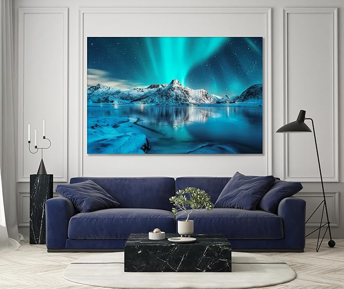 Nature Wall Art Prints - Ocean Forest Mountain Lake Canvas Landscapes - Small to Extra Large Living Room Bedroom Kitchen Bathroom Décor (Northern Lights Over Lake, 24L" x 36W")