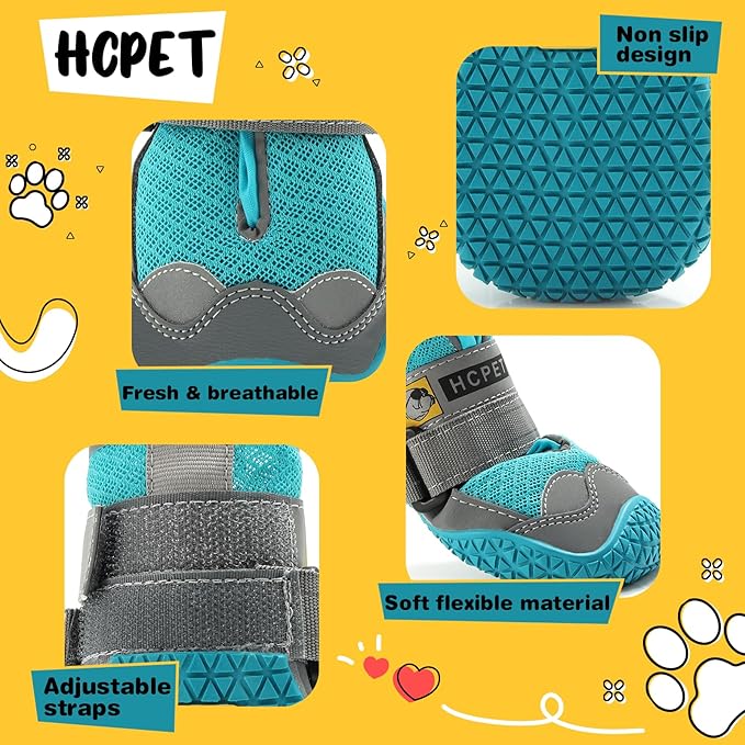 Hcpet Dog Shoes for Large Dogs, Breathable Dog Booties for Small Medium Dogs, Anti-Slip Dog Boots & Paw Protectors for Hot Pavement Winter Snow Hiking with Reflective Straps Blue Size 1