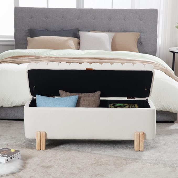 Wavy Ottoman Storage Bench Multi-Functional Narrow Entryway Bench Elegant End of Bed Bench with Storage and Safty Hinge for Living Room Entryway Hallway Bedroom Boutique, Beige