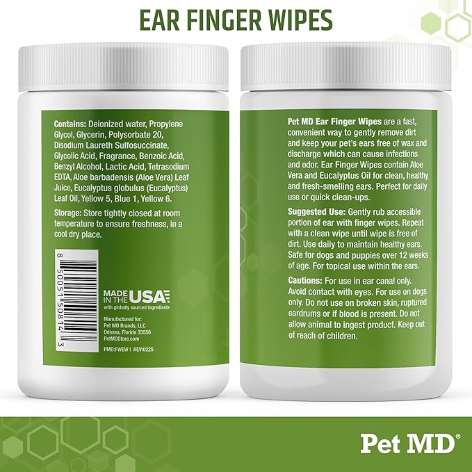 Pet MD Ear Finger Wipes for Dogs - Extra-Coverage and Large Design - with Eucalyptus and Aloe Vera for Dogs - Pet Ear Cleaning Finger Wipes & Puppy Ear Cleaner - 50ct