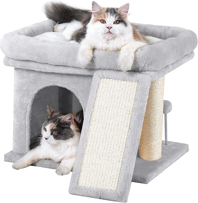 14in Cat Tree Tower with 20 * 16.5in Perch Bed and Washable Top for Large Adult Cats, Condo and Scratching Post for Indoor Kitten Pet, Light Gray