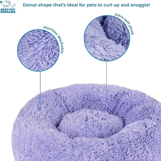 Best Pet Supplies Round Donut Dog Bed with Plush Faux Fur Fabric, Calming, Anti-Anxiety Cushion for Indoor Pets, Slip-Resistant Base, Soft Ergonomic Support - Lavender, 20x20x6''