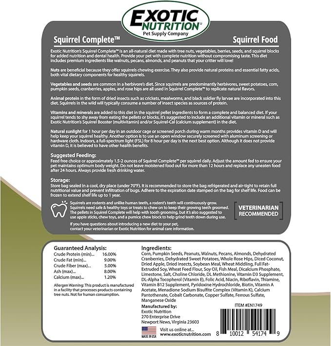 Squirrel Complete (4 lb.) - Healthy Natural Food - Nutritionally Complete Diet for Squirrels - Ground, Grey, and Flying Squirrels