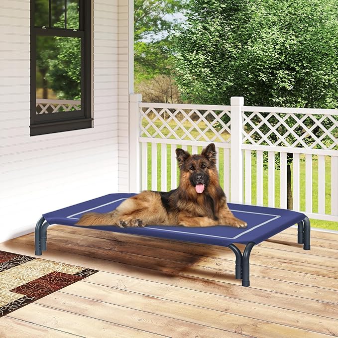 Elevated Dog Bed Raised Outdoor Dog Cot for Medium Dogs, Installation Requires No Tools, Frame with Washable Cooling Breathable Mesh Anti-Slip Feet, Indoor Pet Bed, Blue, 35.4 Inches