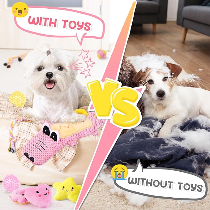 KIPRITII 25-Pack Pink Dreamy Dog Toy Set for Small Female Puppies - Includes Sweet Rope Toys, Chew Toys, Cute No-Stuffing Squeaky Dog Toy for Boredom and Teething
