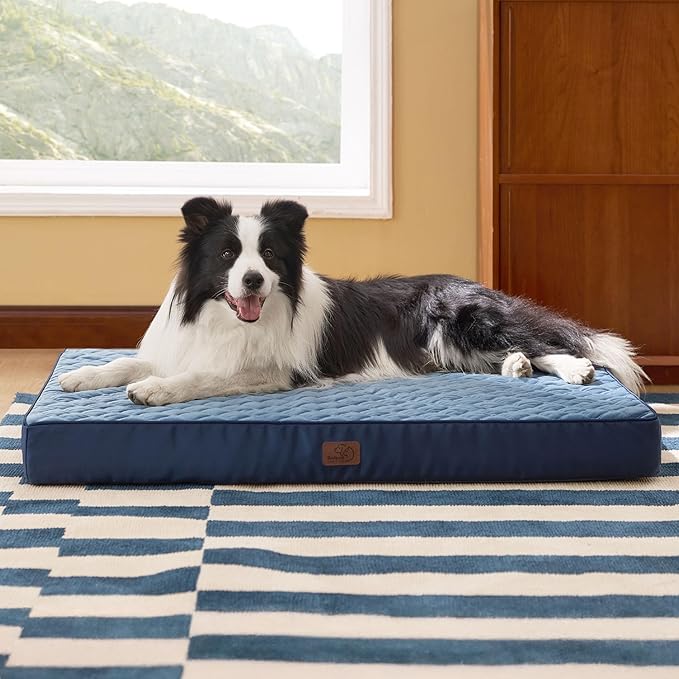 Bedsure Orthopedic Dog Bed for Large Dogs - Thick Flat Memory Foam Pet Mattress with Removable Washable Cover and Egg Crate Foam, Suitable for Pet Up to 65 lbs, 36x27x3.5 Inches, Navy