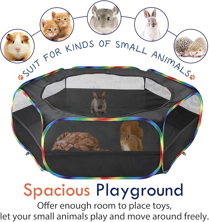 Pawaboo Small Animals Playpen, Waterproof Small Pet Cage Tent with Zippered Cover, Portable Outdoor Yard Fence with 3 Metal Rod for Chick/Kitten/Puppy/Guinea Pig/Rabbits/Hamster, Black + Rainbow